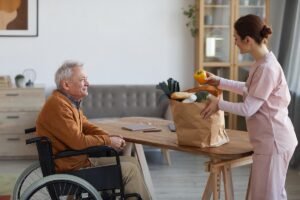 About food deliver for senior wheelchair user side view